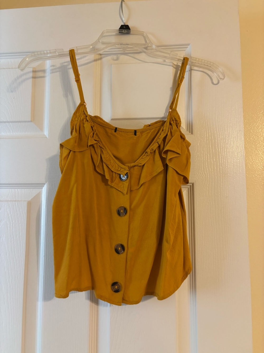 Button-Front Mustard Ruffle Cami Top - Women
